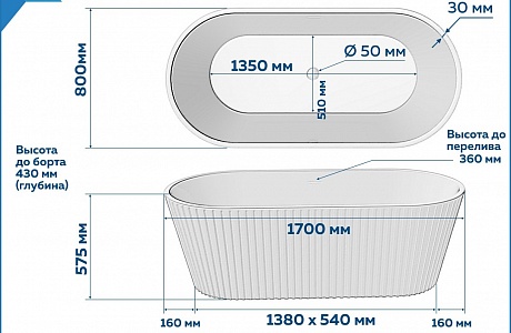 Акриловая ванна 170х80 см Creto Ribo T240314 синяя матовая рис 5